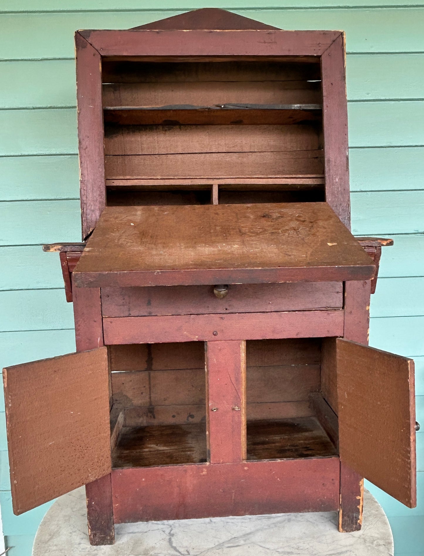 ANTIQUE ORIGINAL RED PAINT CHILDS DROP FRONT TOY CUPBOARD