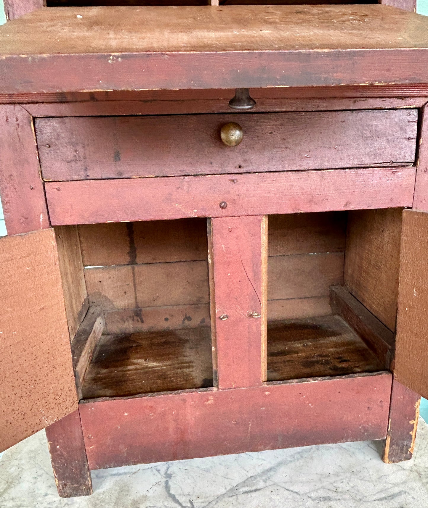 ANTIQUE ORIGINAL RED PAINT CHILDS DROP FRONT TOY CUPBOARD