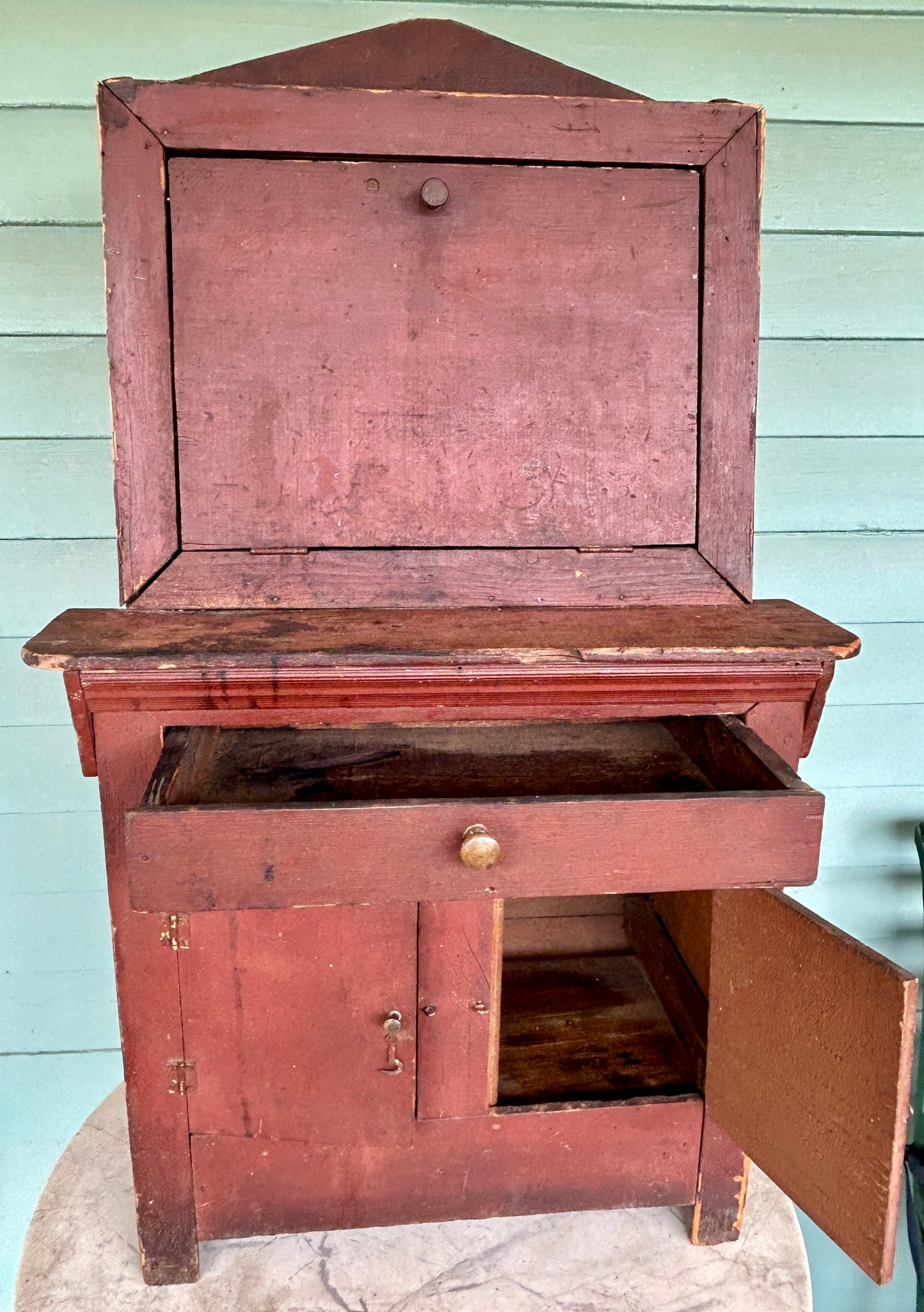 ANTIQUE ORIGINAL RED PAINT CHILDS DROP FRONT TOY CUPBOARD