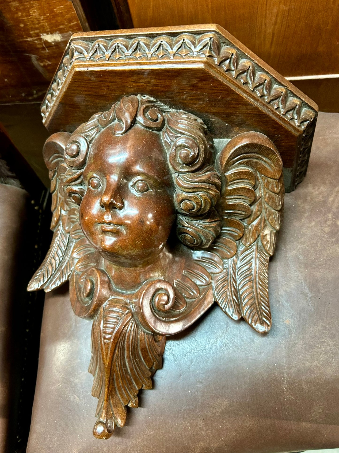 PR. ANTIQUE CARVED CHERUB WALL SHELVES