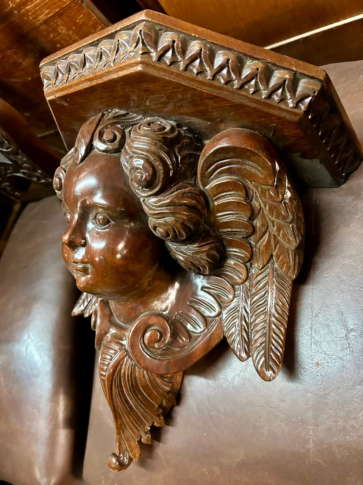 PR. ANTIQUE CARVED CHERUB WALL SHELVES