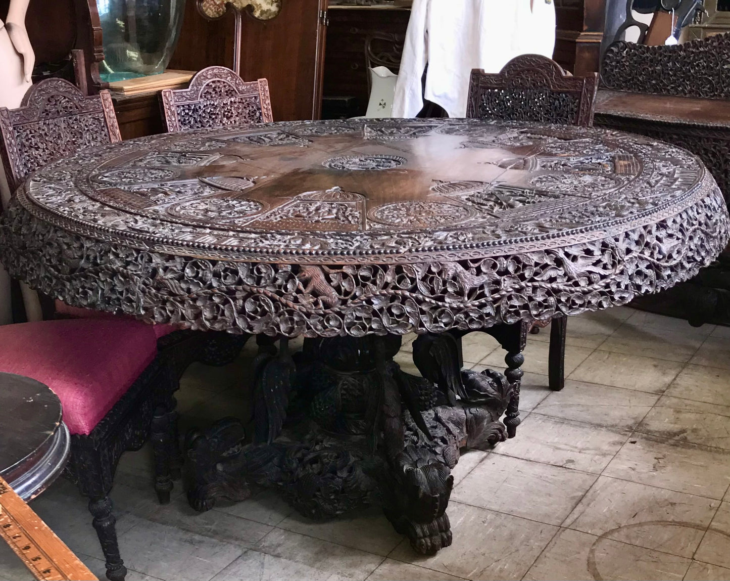 ASIAN CARVED TABLE, SIX CHAIRS. AND SERVER DISPLAYED AT COLUMBIAN WORLDS FAIR