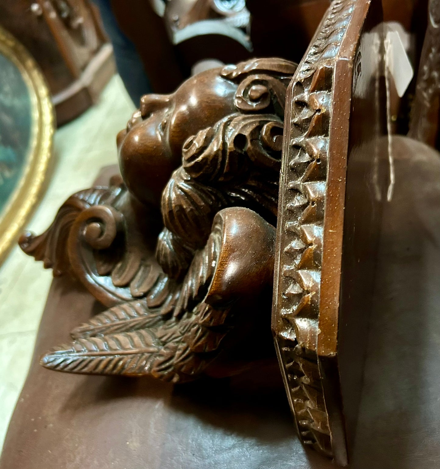 PR. ANTIQUE CARVED CHERUB WALL SHELVES