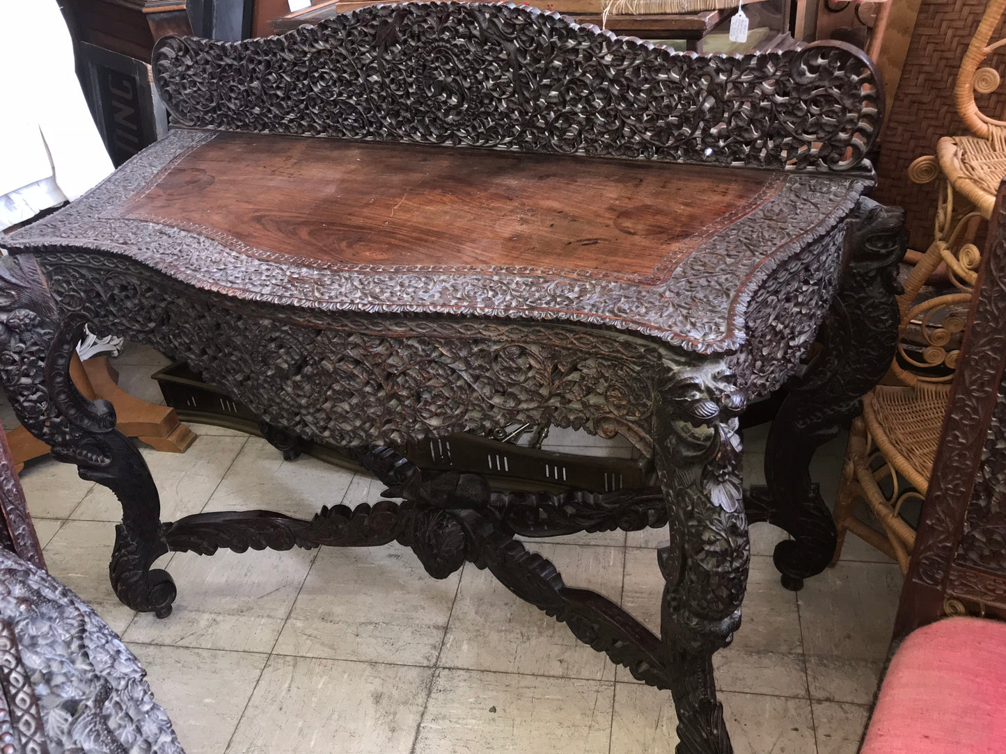 ASIAN CARVED TABLE, SIX CHAIRS. AND SERVER DISPLAYED AT COLUMBIAN WORLDS FAIR