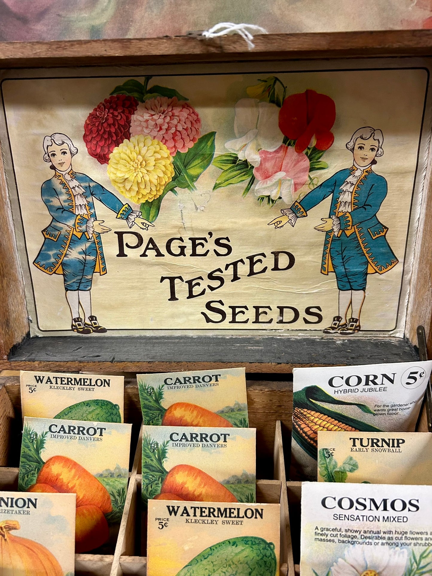 ANTIQUE ADVERTISING STORE SEED BOX WITH SEED PACKETS