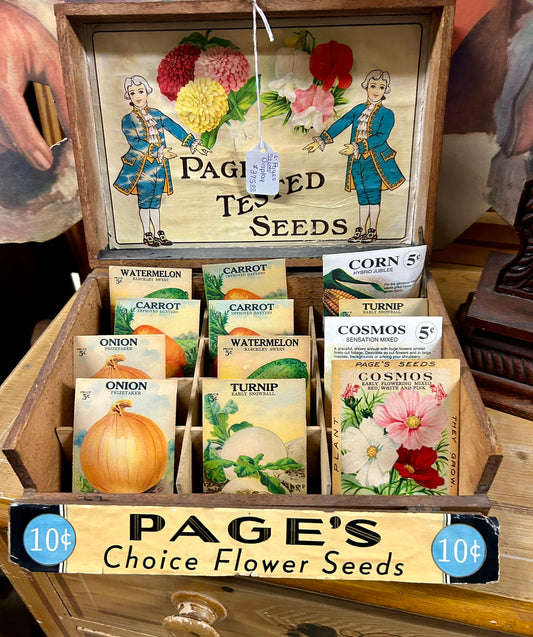 ANTIQUE ADVERTISING STORE SEED BOX WITH SEED PACKETS