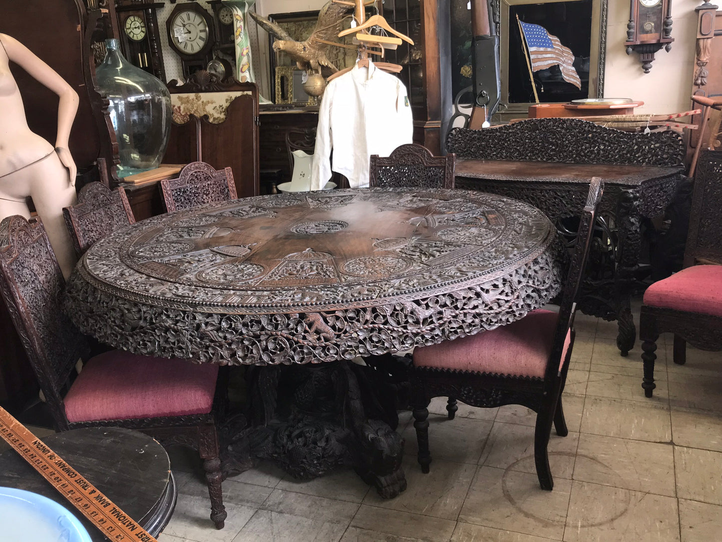 ASIAN CARVED TABLE, SIX CHAIRS. AND SERVER DISPLAYED AT COLUMBIAN WORLDS FAIR