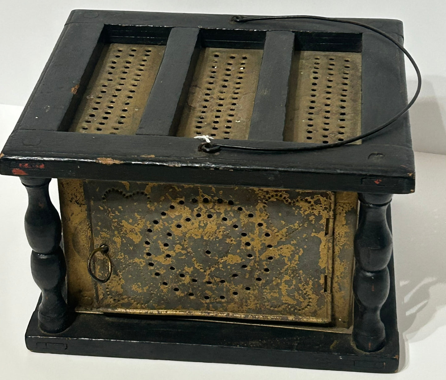 ANTIQUE FOOTWARMER - WOOD AND TIN WITH PIERCED HEART DESIGNS