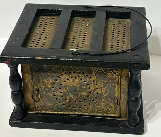 ANTIQUE FOOTWARMER - WOOD AND TIN WITH PIERCED HEART DESIGNS
