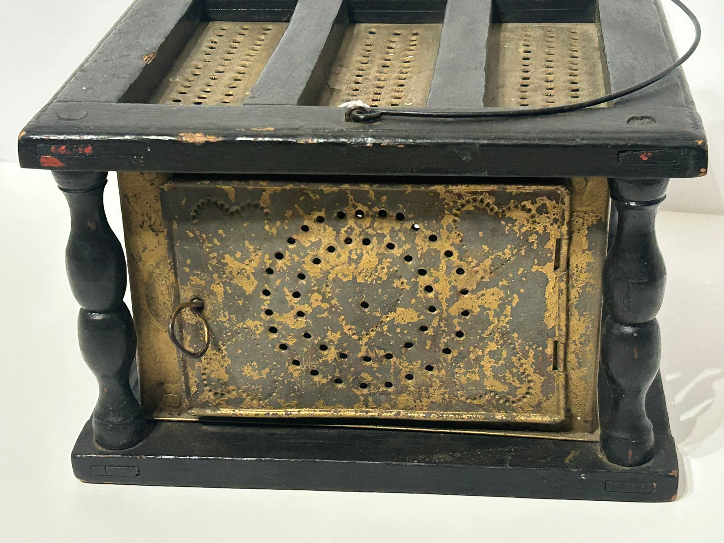 ANTIQUE FOOTWARMER - WOOD AND TIN WITH PIERCED HEART DESIGNS