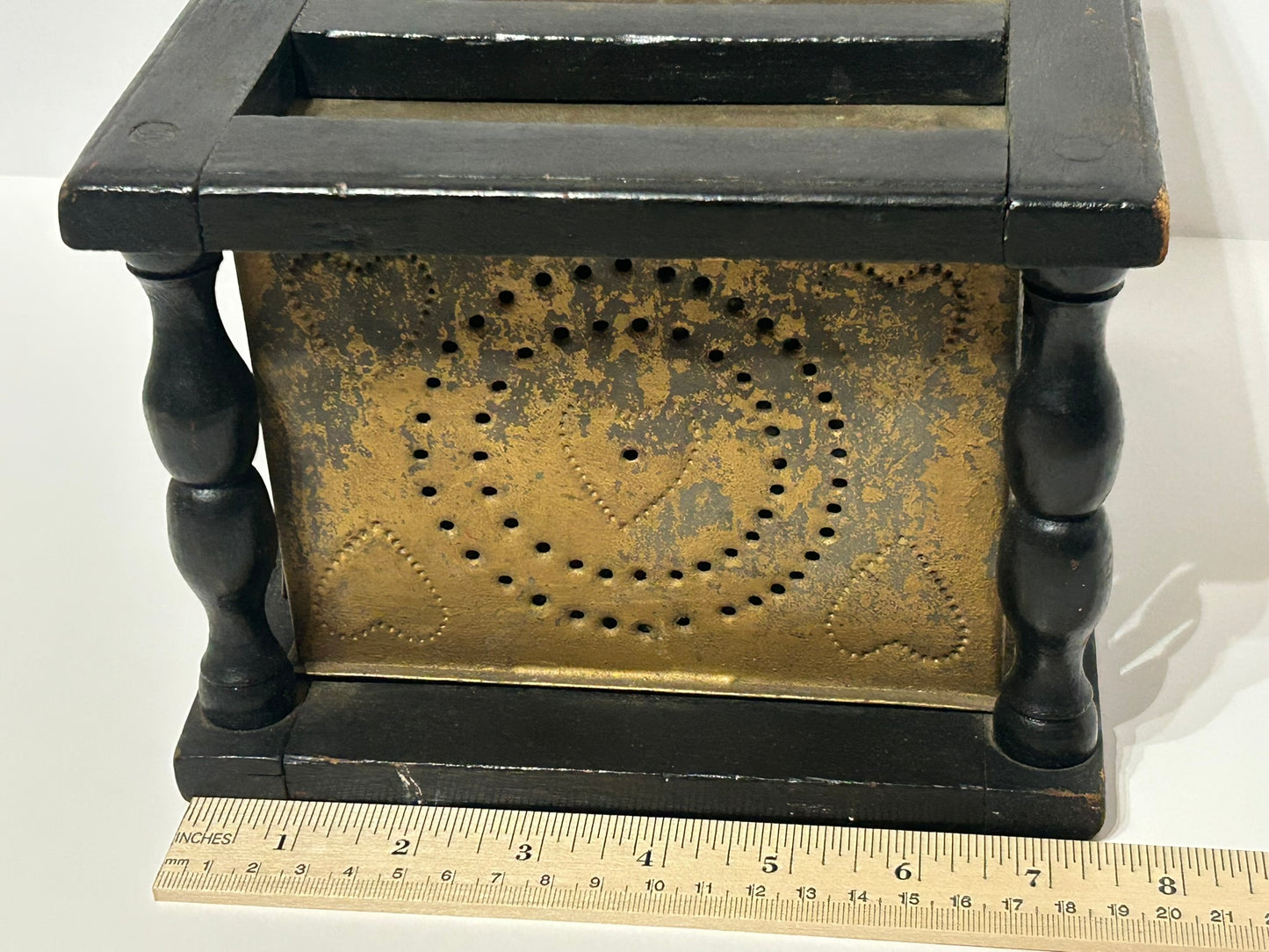 ANTIQUE FOOTWARMER - WOOD AND TIN WITH PIERCED HEART DESIGNS
