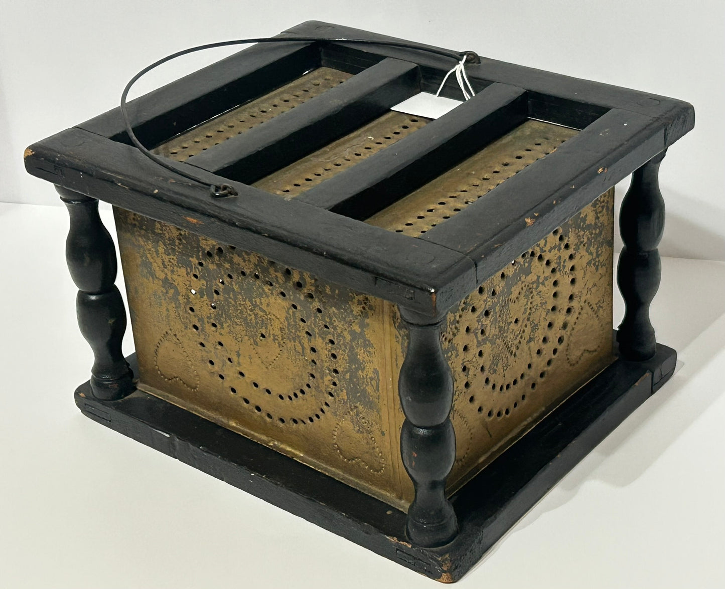 ANTIQUE FOOTWARMER - WOOD AND TIN WITH PIERCED HEART DESIGNS