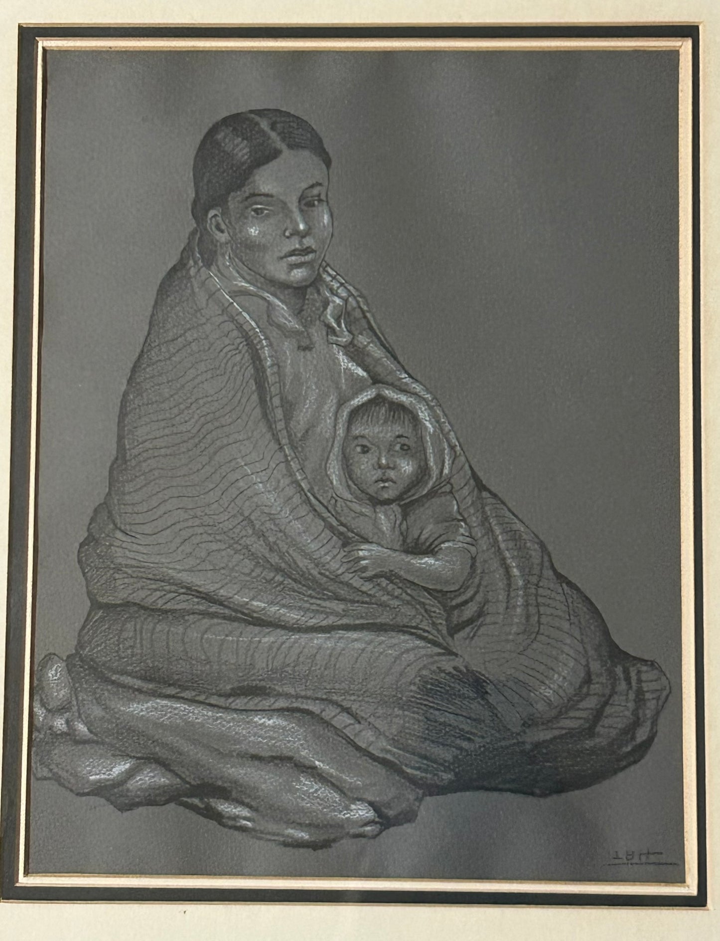 WOMAN AND CHILD DRAWING  NATIVE AMERICAN OR LATIN SIGNED