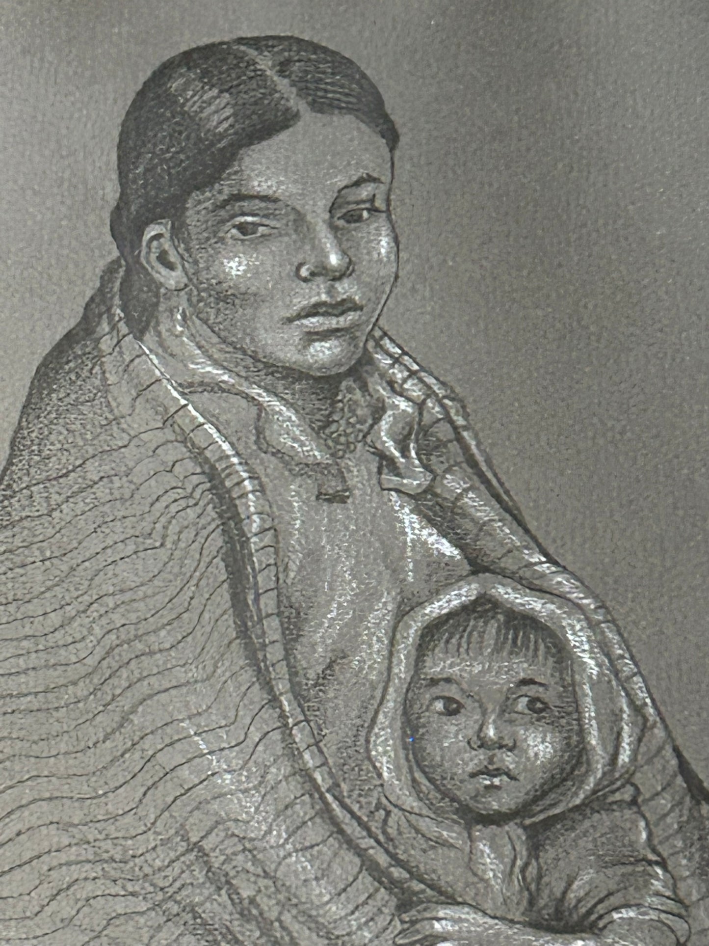WOMAN AND CHILD DRAWING  NATIVE AMERICAN OR LATIN SIGNED