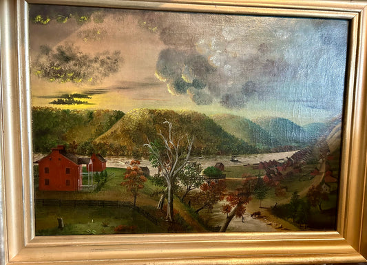 EARLY WHEELING WEST VIRGINIA AREA FOLK ART PAINTING OF RIVERBOAT & HOUSES