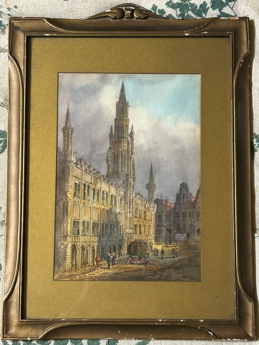 WATERCOLOR PAINTING OF BRUSSELS TOWN HALL CIRCA LATE 1800'S