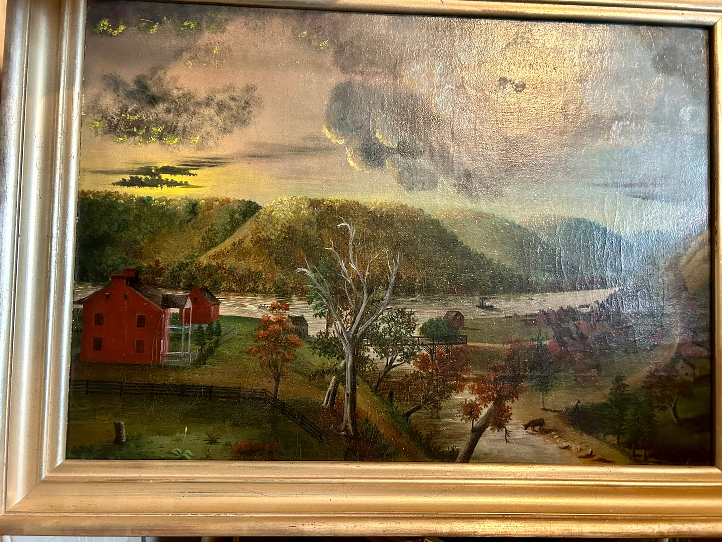 EARLY WHEELING WEST VIRGINIA AREA FOLK ART PAINTING OF RIVERBOAT & HOUSES