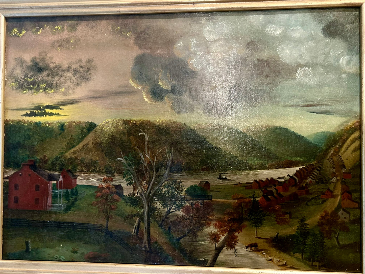 EARLY WHEELING WEST VIRGINIA AREA FOLK ART PAINTING OF RIVERBOAT & HOUSES