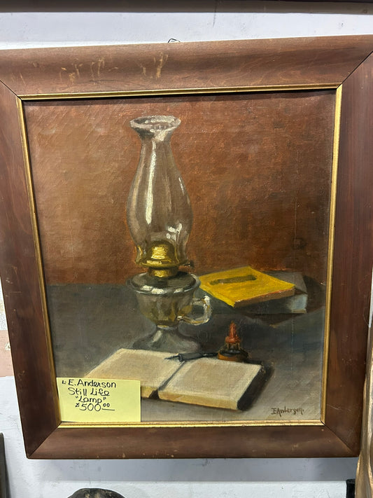 STILL LIFE ANTIQUE PAINTING BY E. ANDERSON OF BOOKS AND OIL LAMP