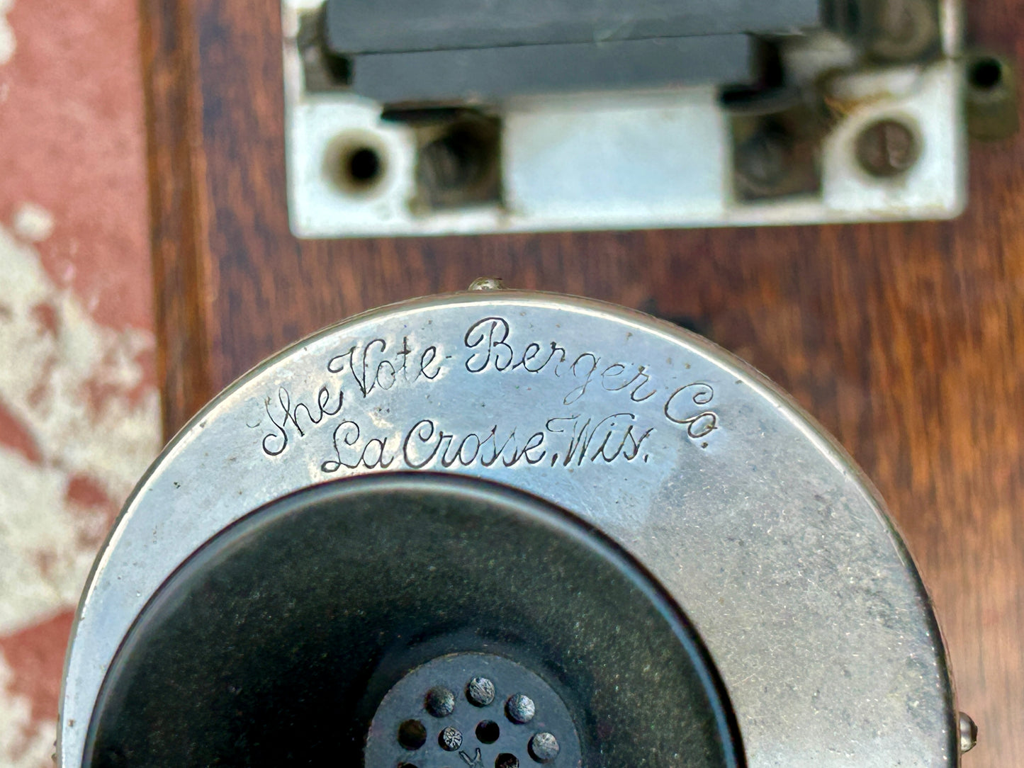 VOTE BERGER COMPANY ANTIQUE OAK WALL PHONE