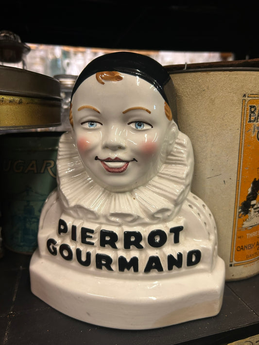 PIERROT GOURMAND CERAMIC FIGURAL CLOWN ADVERTISING CANDY HOLDER