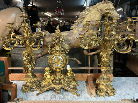 LATE 1800's HEAVY BRONZE FRENCH THREE PIECE CLOCK SET