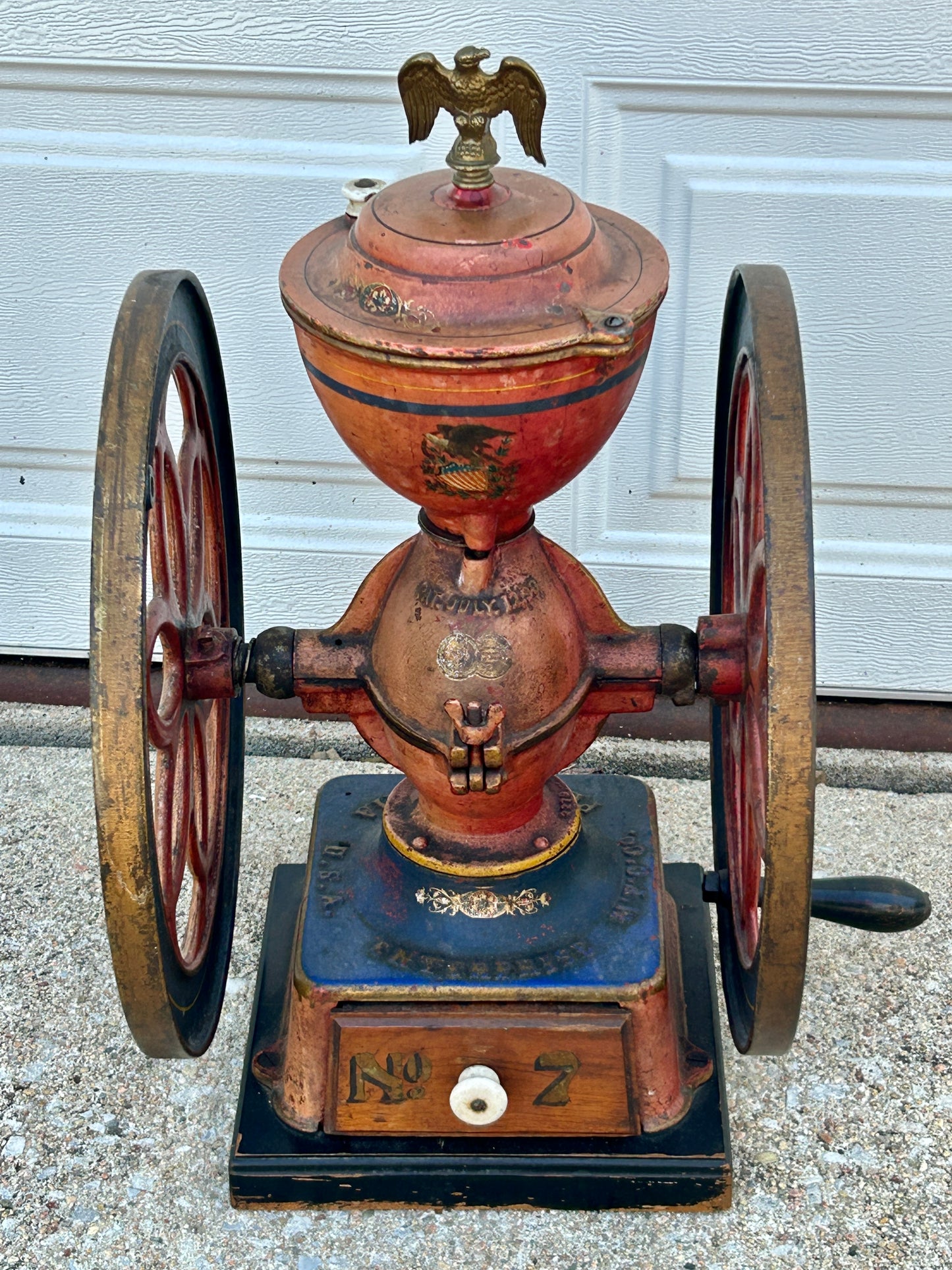 ANTIQUE COFFEE GRINDER ENTERPRISE # 7 WITH GREAT ORIGINAL DECORATIONS AND DRAWER