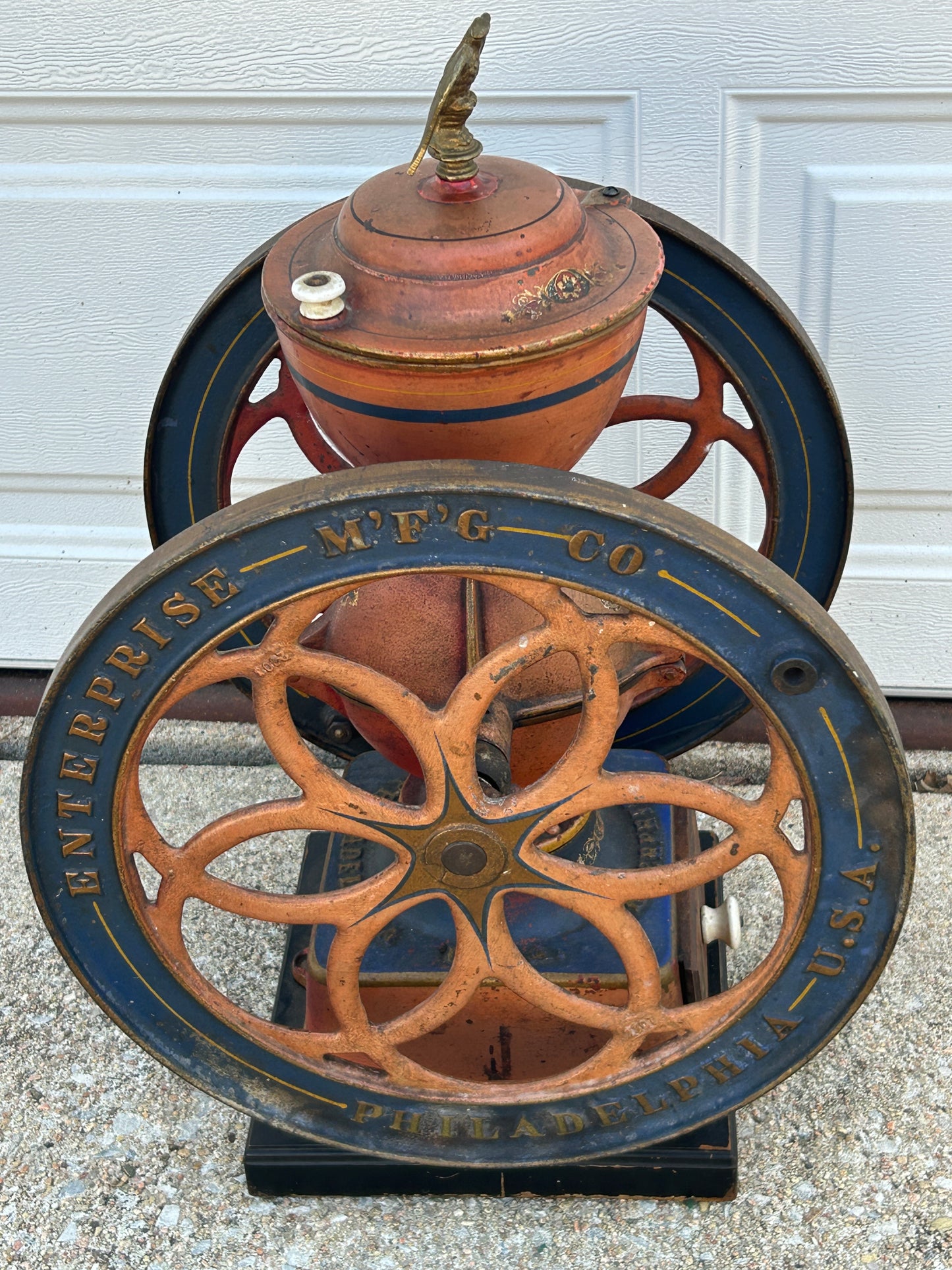 ANTIQUE COFFEE GRINDER ENTERPRISE # 7 WITH GREAT ORIGINAL DECORATIONS AND DRAWER