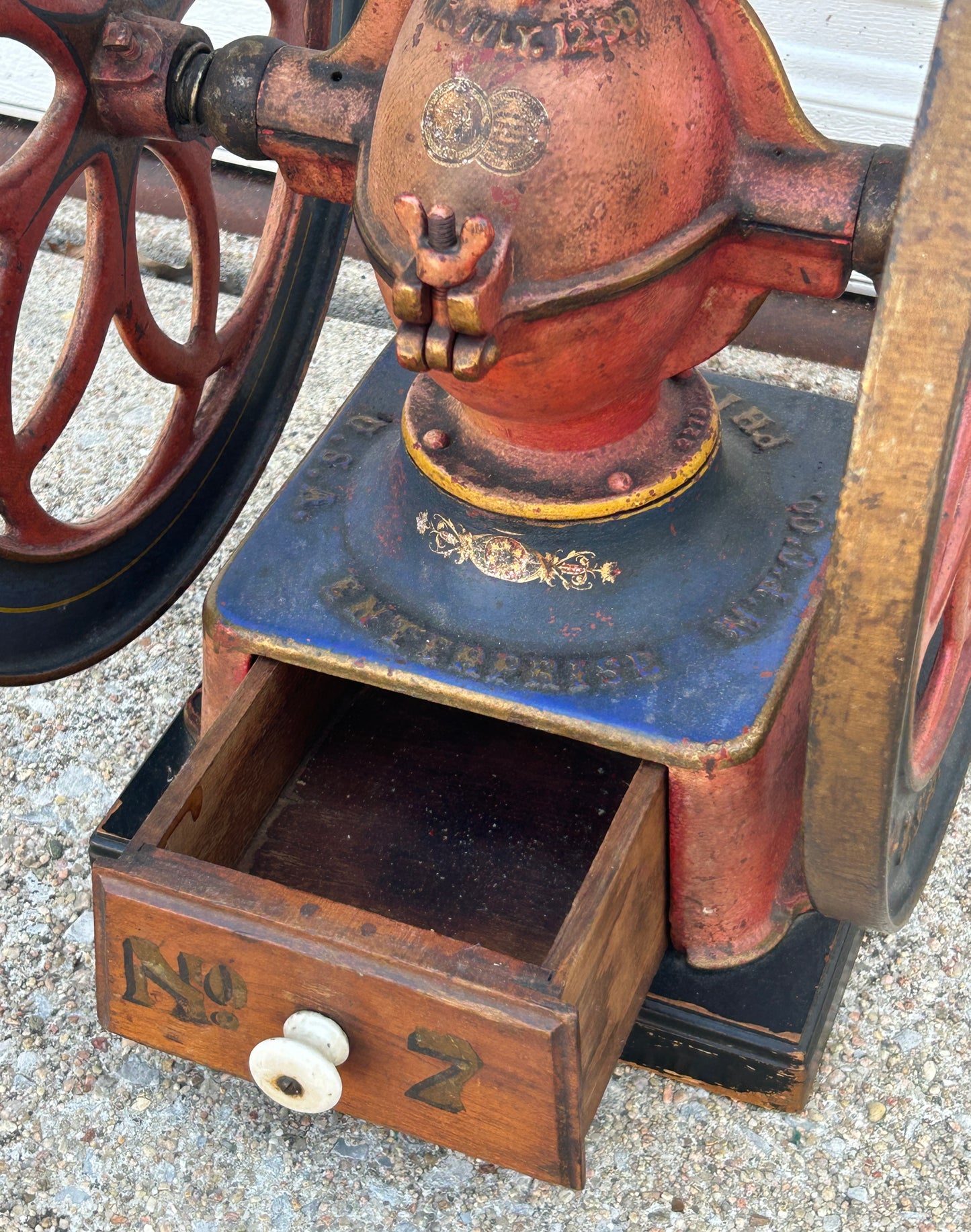 ANTIQUE COFFEE GRINDER ENTERPRISE # 7 WITH GREAT ORIGINAL DECORATIONS AND DRAWER