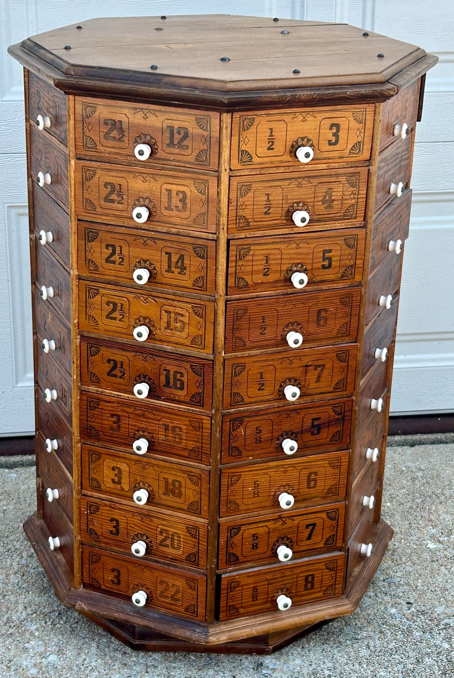 ANTIQUE COUNTRY STORE SCREW AND BOLT REVOLVING  OCTAGON CABINET