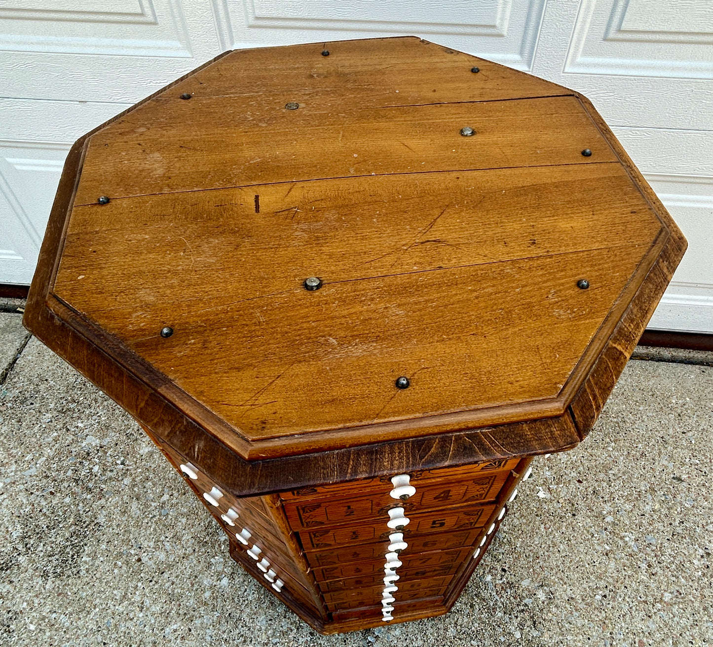 ANTIQUE COUNTRY STORE SCREW AND BOLT REVOLVING  OCTAGON CABINET