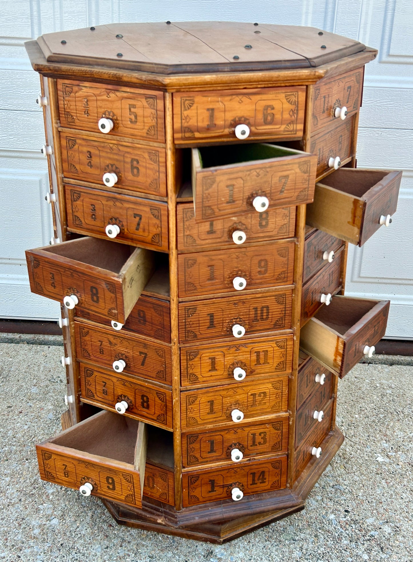 ANTIQUE COUNTRY STORE SCREW AND BOLT REVOLVING  OCTAGON CABINET
