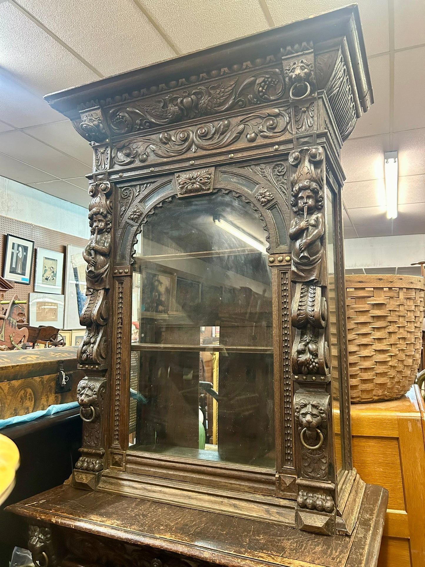 LATE 1800's HEAVILY CARVED GOTHIC DESIGN DARK OAK CABINET