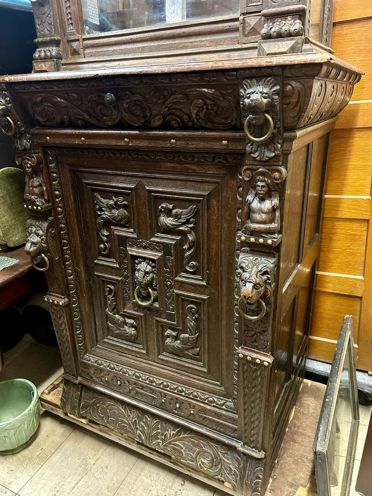 LATE 1800's HEAVILY CARVED GOTHIC DESIGN DARK OAK CABINET