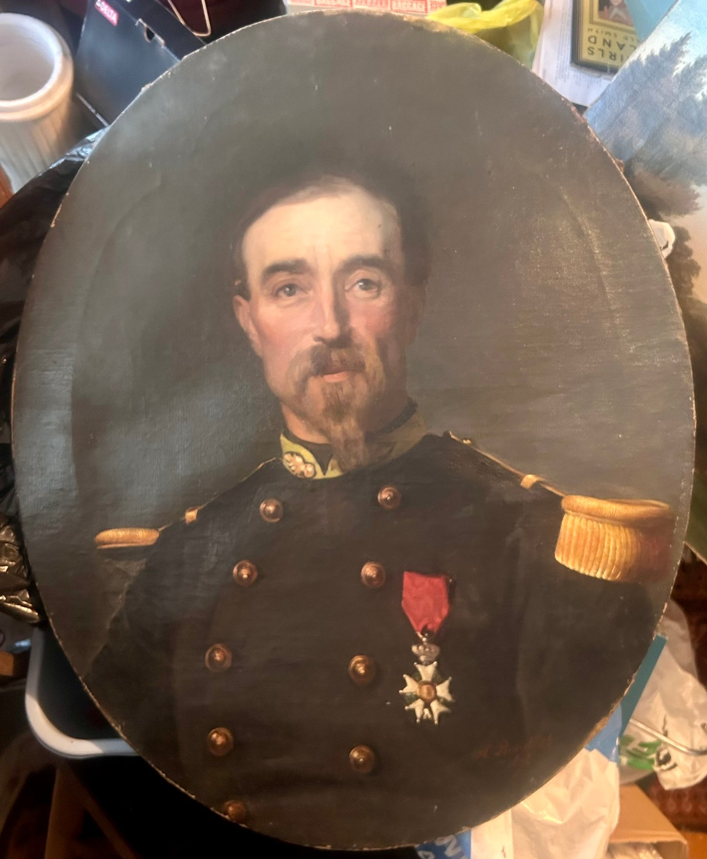 SIGNED PORTRAIT OF 1800's OFFICER WEARING MALTESE CROSS MEDAL AND EPAULETTES