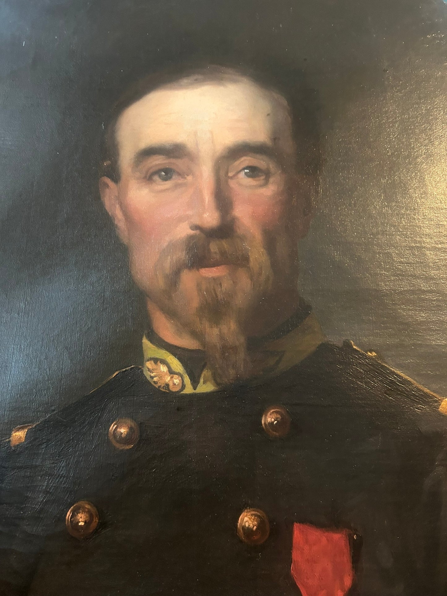 SIGNED PORTRAIT OF 1800's OFFICER WEARING MALTESE CROSS MEDAL AND EPAULETTES