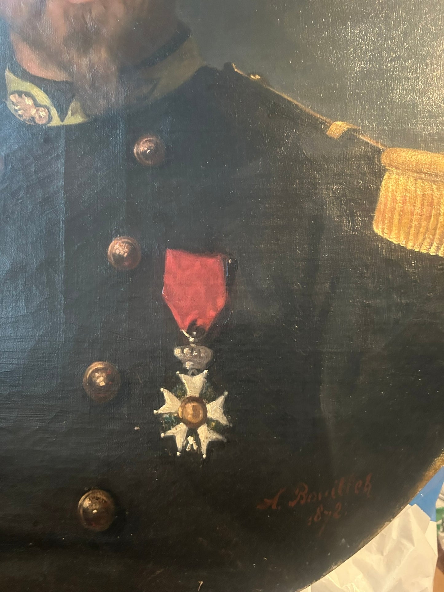 SIGNED PORTRAIT OF 1800's OFFICER WEARING MALTESE CROSS MEDAL AND EPAULETTES