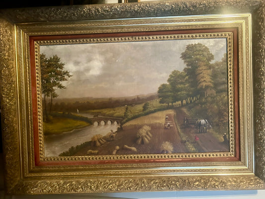 1887 LANDSCAPE PAINTING BY PHILLEO SHOWING FIELD WORK, PEOPLE AND ANIMALS