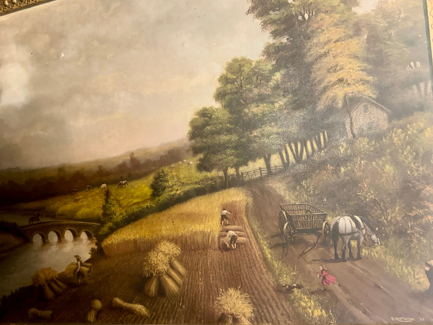 1887 LANDSCAPE PAINTING BY PHILLEO SHOWING FIELD WORK, PEOPLE AND ANIMALS