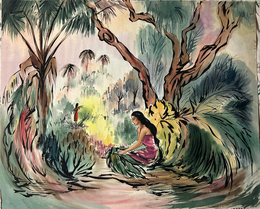 WATERCOLOR OF GIRLS HARVESTING PALM LEAVES 1940'S