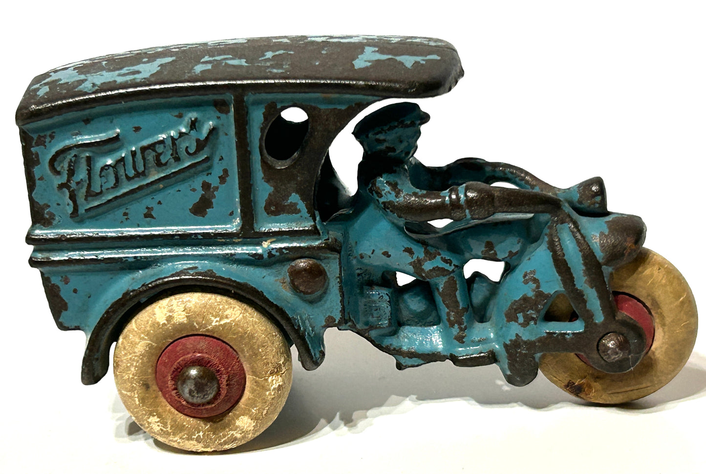 ANTIQUE HUBLEY CAST IRON TOY "SAY IT WITH FLOWERS" MOTORCYCLE