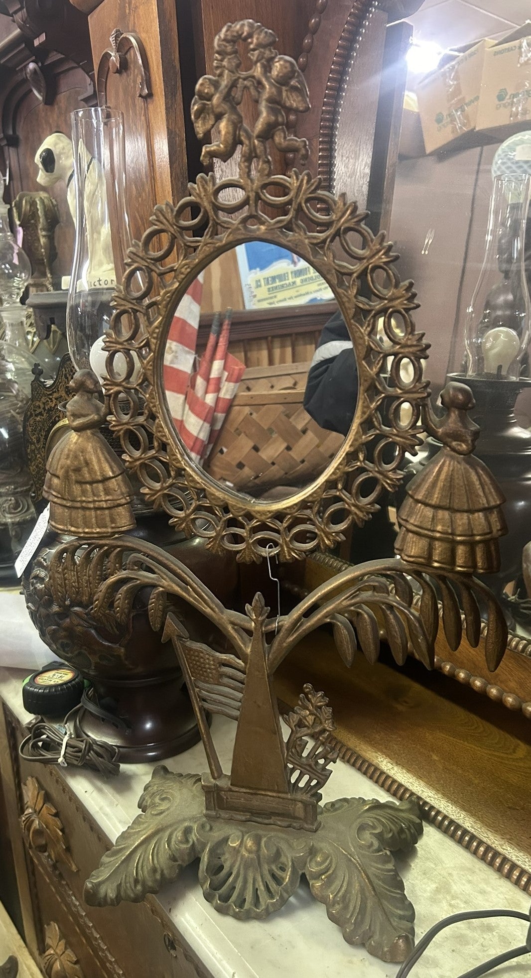 ANTIQUE FIGURAL JENNY LIND PATRIOTIC IRON TABLE TOP MIRROR