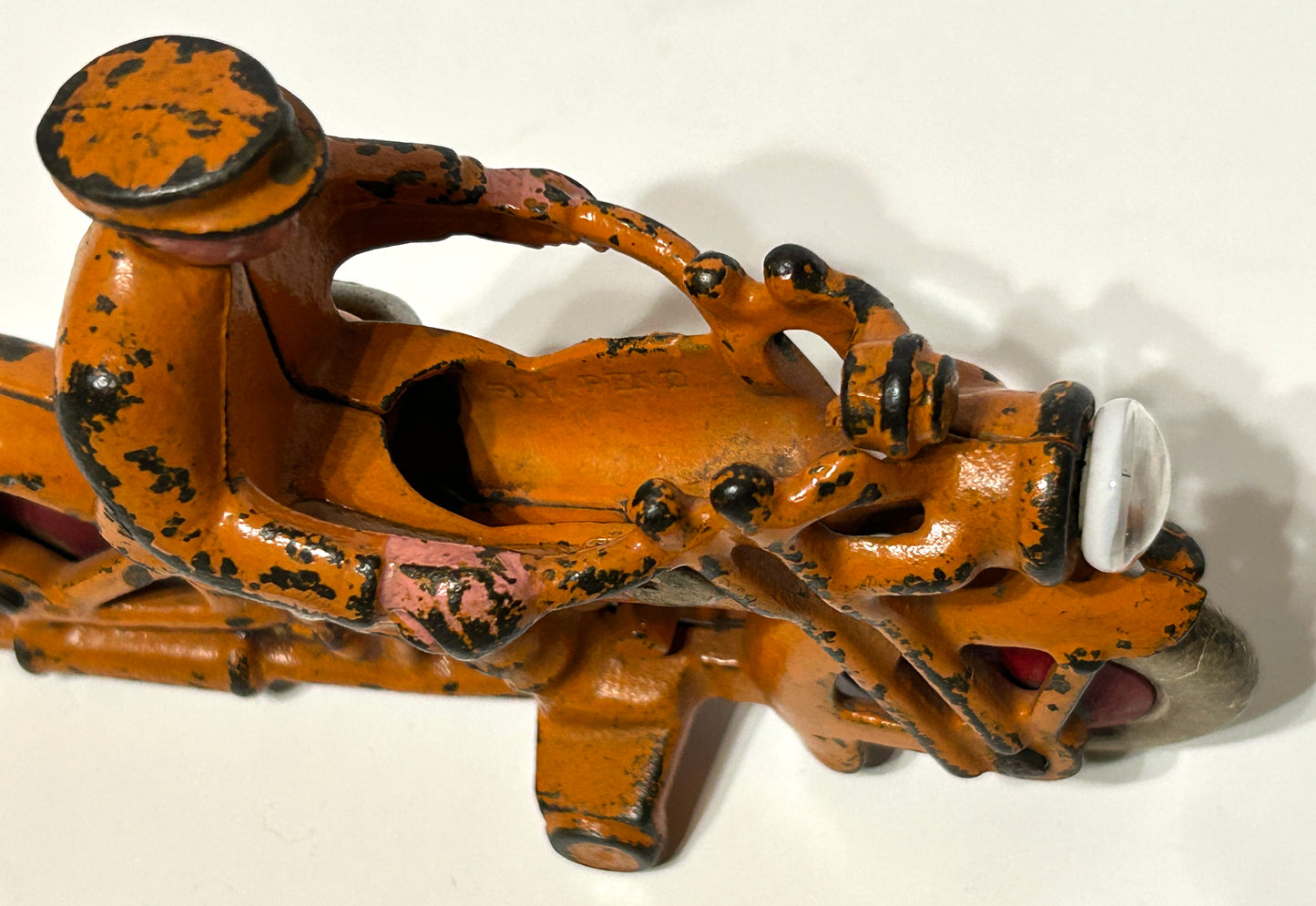 ANTIQUE CAST IRON TOY MOTORCYCLE WITH WORKING HEADLIGHT BY HUBLEY