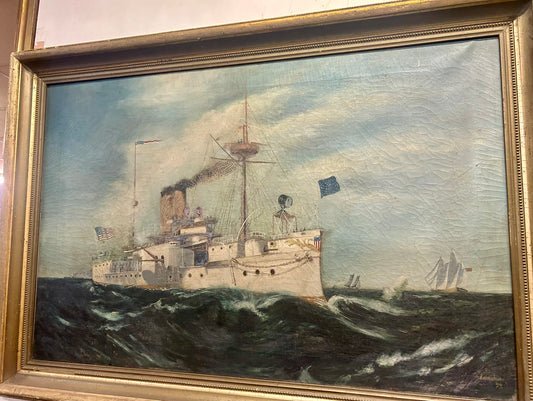 SPANISH AMERICAN WAR SHIP PAINTING SIGNED BY WAR VETERAN 1899