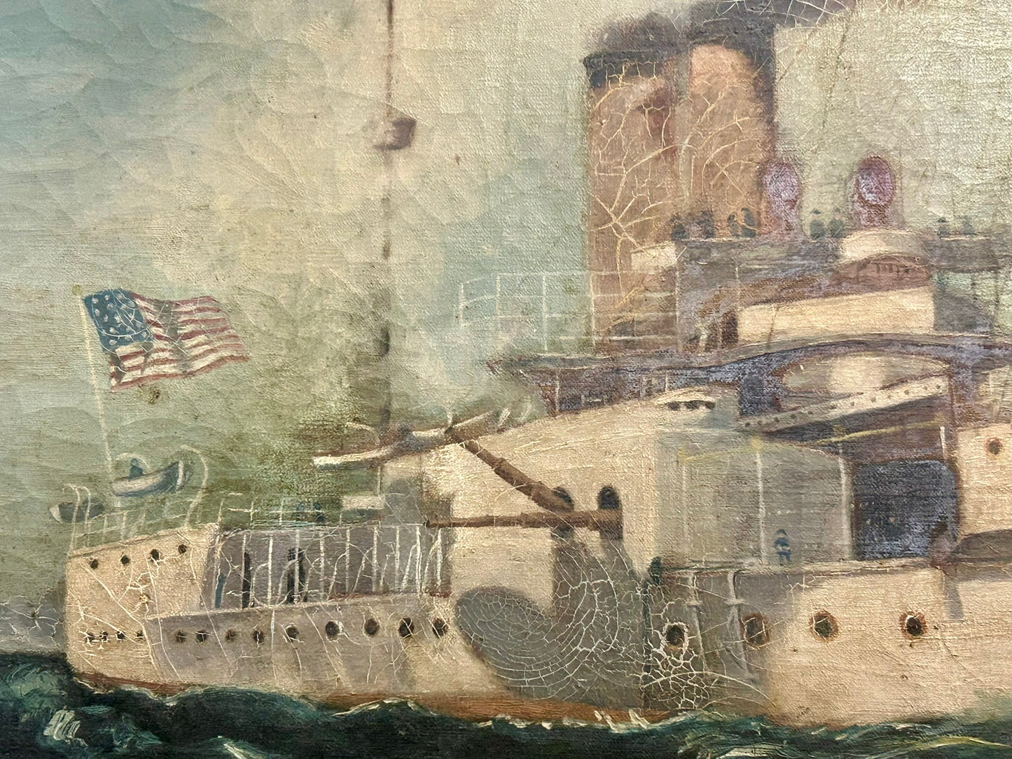 SPANISH AMERICAN WAR SHIP PAINTING SIGNED BY WAR VETERAN 1899