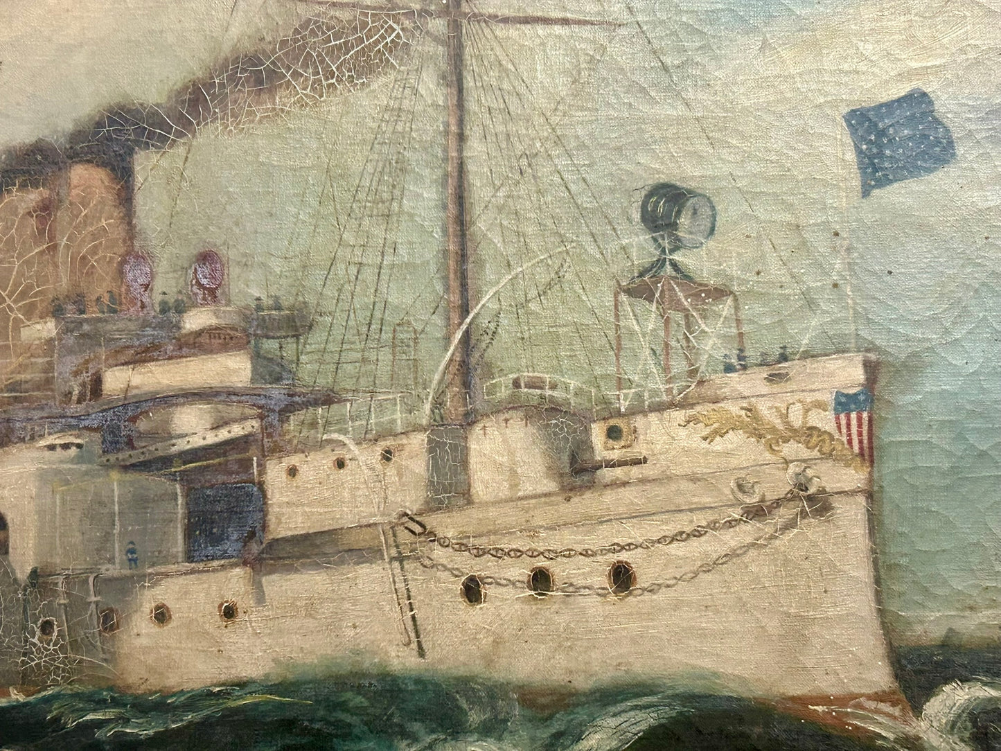 SPANISH AMERICAN WAR SHIP PAINTING SIGNED BY WAR VETERAN 1899