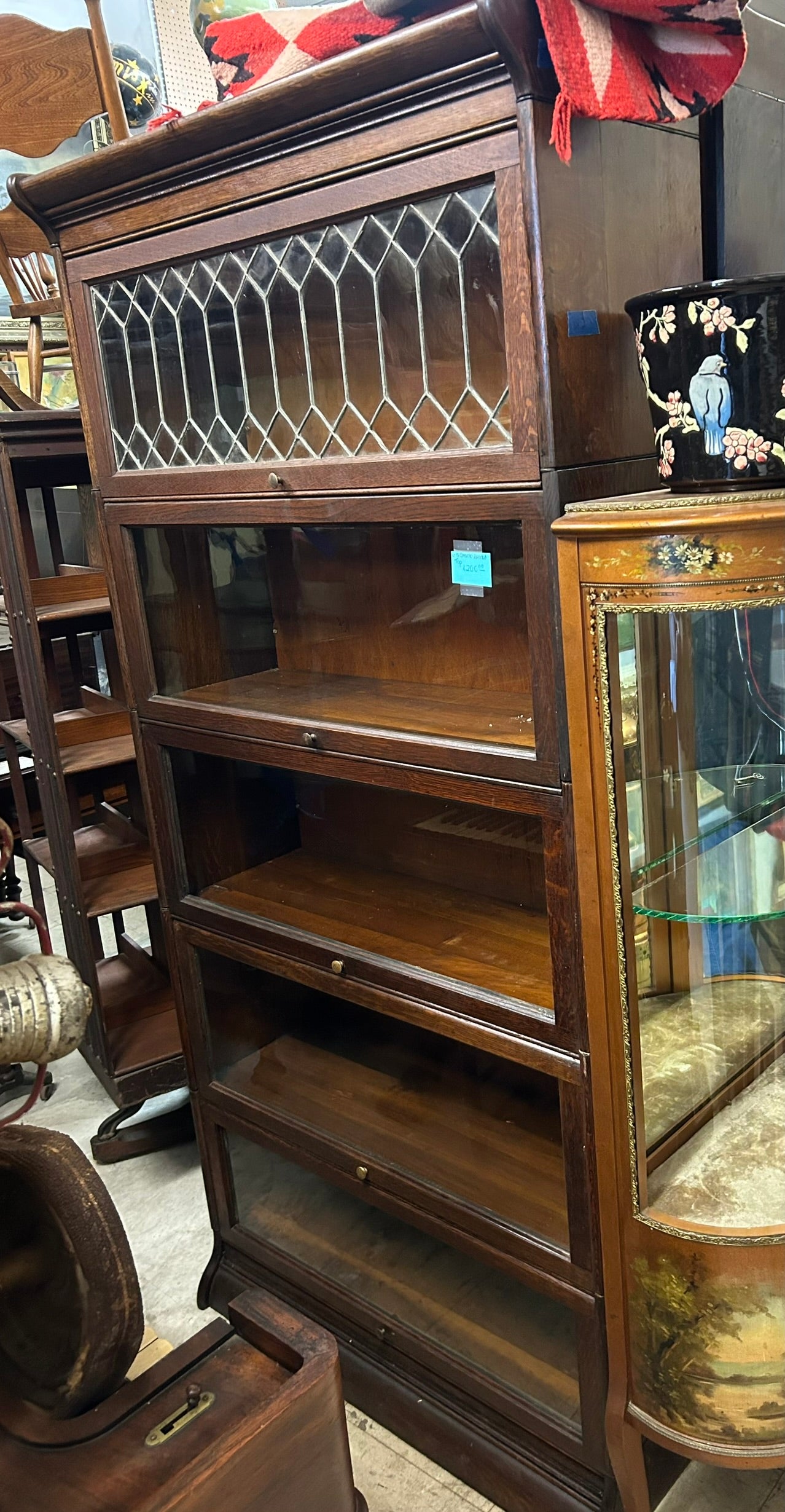 ANTIQUE OAK FIVE STACK BARRISTER BOOKCASE WITH LEADED TOP GLASS