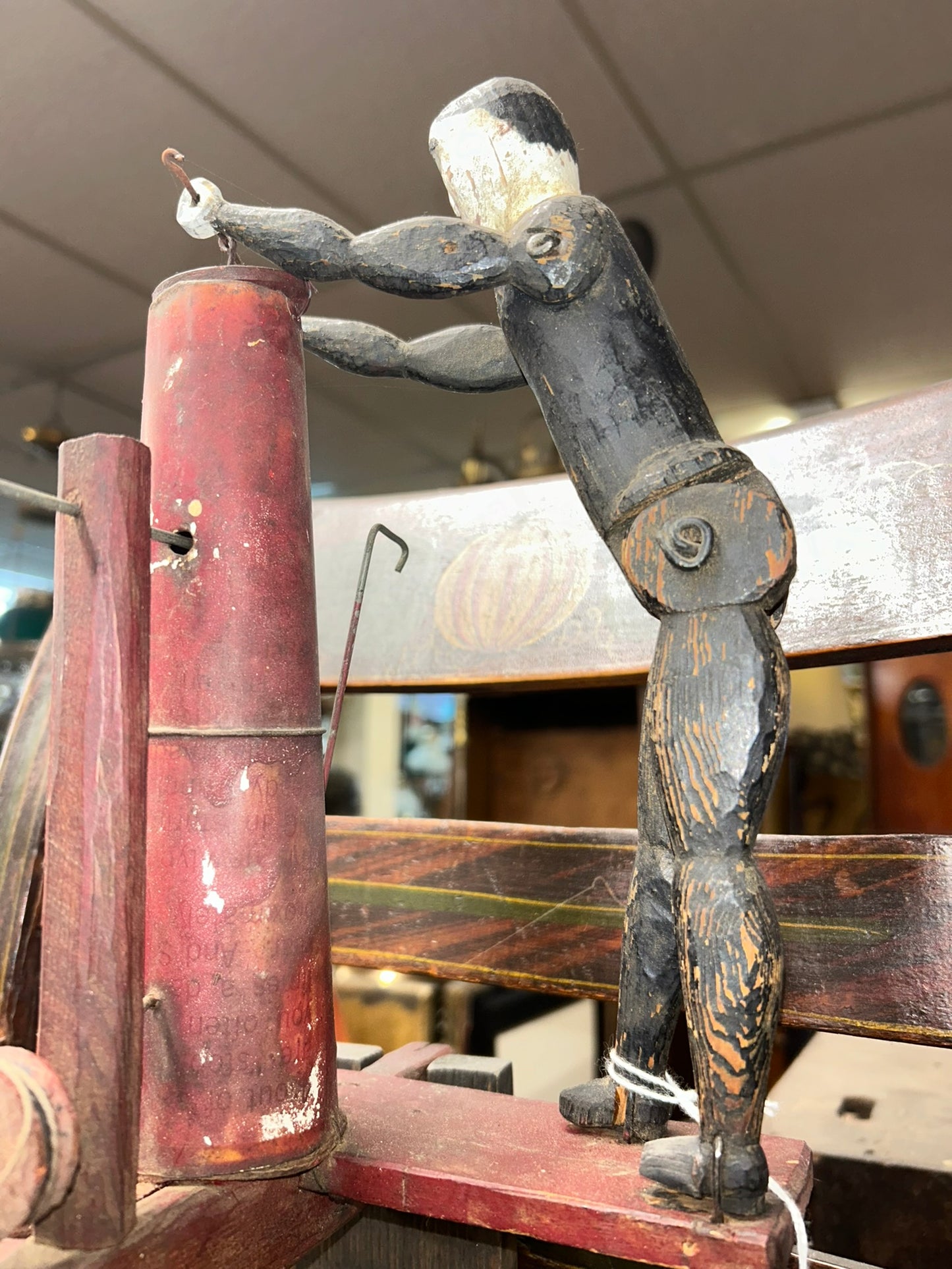 FOLK ART WHIRLIGIG WITH MAN AT BUTTER CHURN ANTIQUE