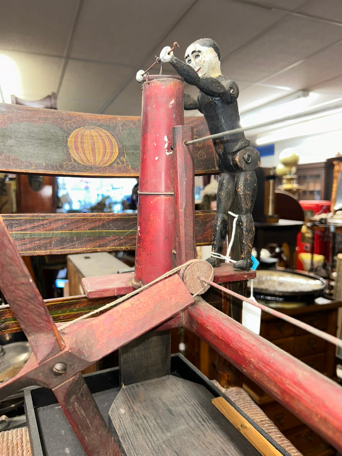 FOLK ART WHIRLIGIG WITH MAN AT BUTTER CHURN ANTIQUE