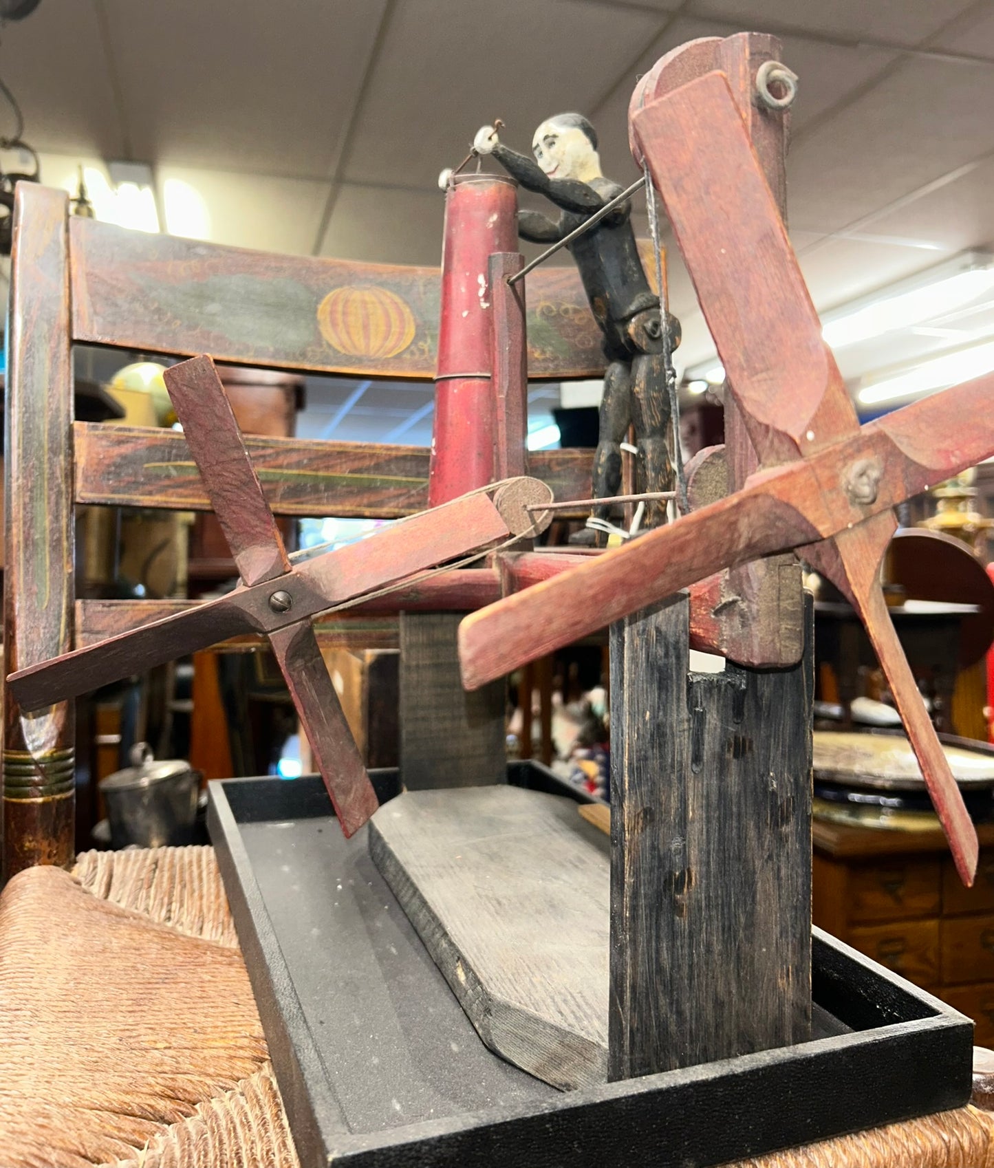 FOLK ART WHIRLIGIG WITH MAN AT BUTTER CHURN ANTIQUE